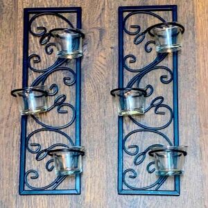 Two Wrought Iron Wall Candle Holders with Glass Cups